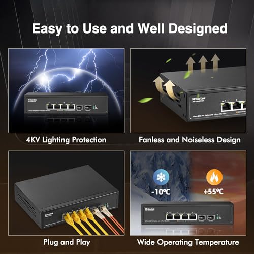 Image of MokerLink 4 Port 2.5G PoE Switch with 2 Port 10G SFP+ Slot, 4 x 2.5G Base-T Ports Compatible with 10 /100 /1000Mbps, IEEE8023af /at PoE 78W, Metal Unmanaged Fanless Small Network Switch