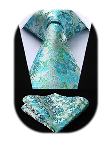 Image of HISDERN Men Floral Ties Woven Classic 3.4 inch Necktie Set Formal Tie Pocket Square for Wedding with Handkerchief Gift Box