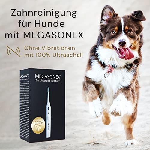 Megasonex M8 Ultraschallzahnbürste auch für Hund und Katze - mit extra Ruhemodus ohne Vibration für kleine & große Hunde oder Katzen - Inkl. 2 Bürstenköpfe
