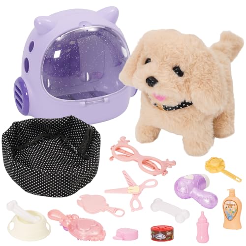 Hund Spielzeug Kinder, Spielzeug Hund der Läuft und Bellt Schwanzwedelt,Kuscheltier Hunde mit Leine und Rucksackfähiger Hundekäfig, Rollenspiel Toy für Kinder ab 3 Jahren