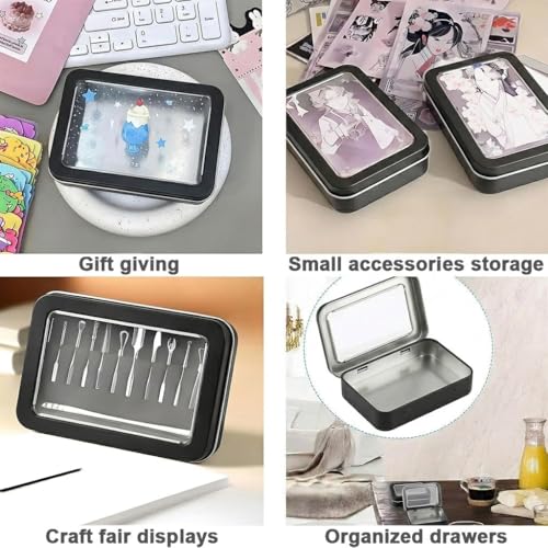 Image of HASTHIP 2 Pack Small Metal Tin Box with Clear Lid Hinged Storage Container for Crafts Traveling Small Items Organizer