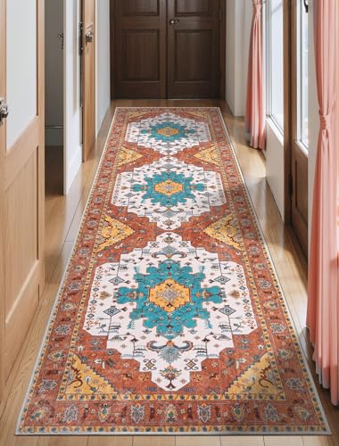 SERISSA Boho Washable Runner Rug, 2'6"x10' Long Non-Slip Vintage Orange Hallway Kitchen Stair Runner Rug Ultra Soft Print Distressed Floor Carpet for Bedroom Bathroom Laundry Room