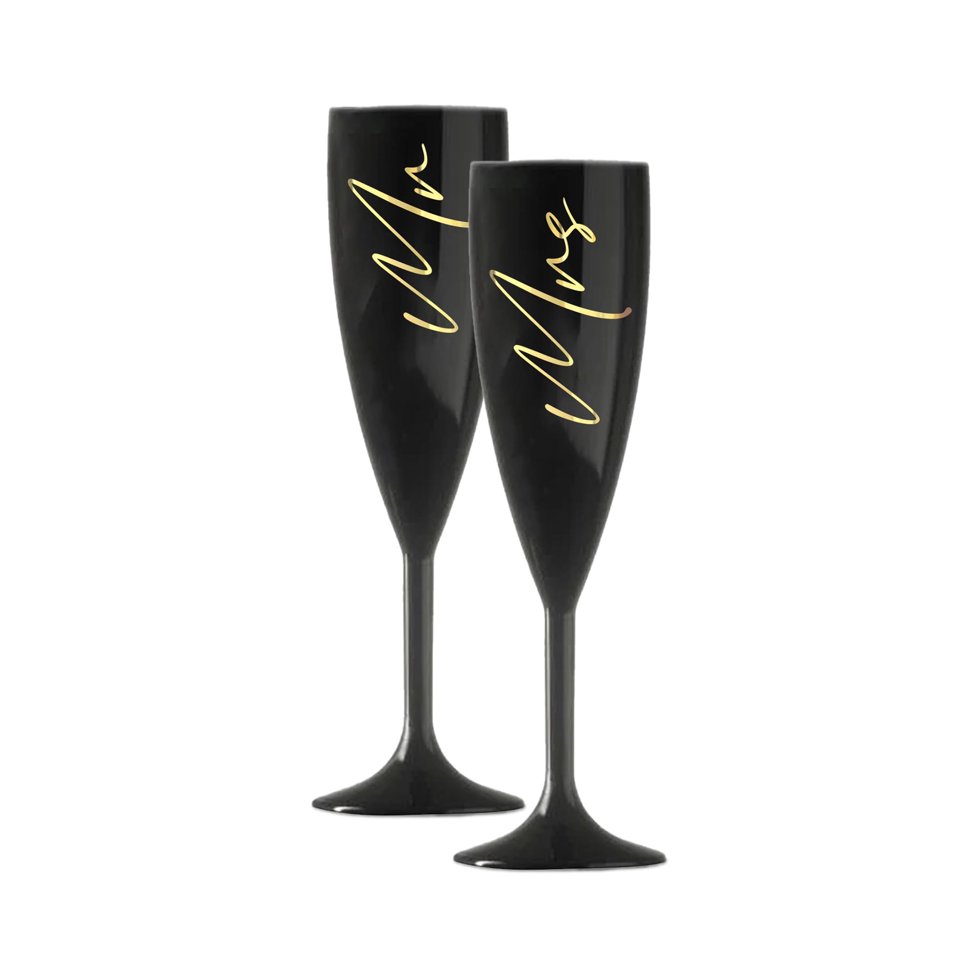 Print Maniacs Champagne Premium Black Flute Glass Bride Groom Mr Mrs Wedding Maid Honour Wine Cocktail Prosecco Celebrations Gift (Gold, Mr + Mrs Set)
