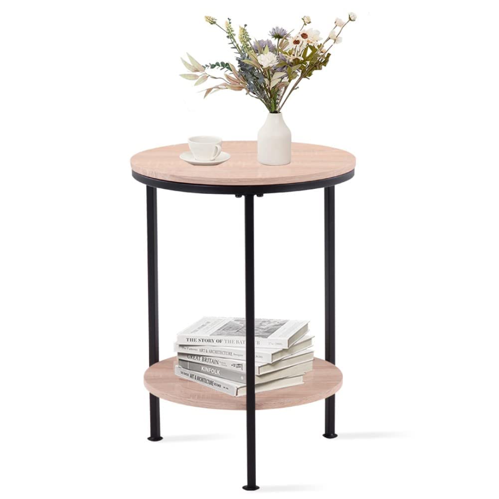 GOLDFAN2-Tier Round End Table Small Side Table Wooden Sofa Table Bedside Table for Living Room Bedroom,Natural/40CM