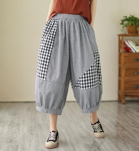 chouyatou Women's Retro Plaid Wide Leg Cropped Pants Elastic Waist Capri Harem Pants with Pockets4