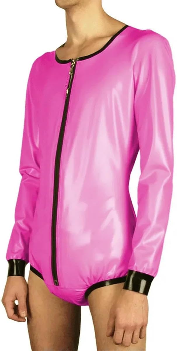 Men PVC Leather Long Sleeve Lockable Zipper Party Bodysuit Cosplay Costume Clubwear