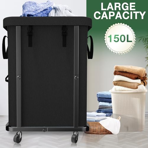 40 Gal(150L) High Grade Large Laundry Basket with Wheels, Rolling Laundry Hamper, Laundry Cart with Metal Frame and Removable Bag Design, Suitable for Laundry Room (Black, 150L) by kunlabori - Image 2