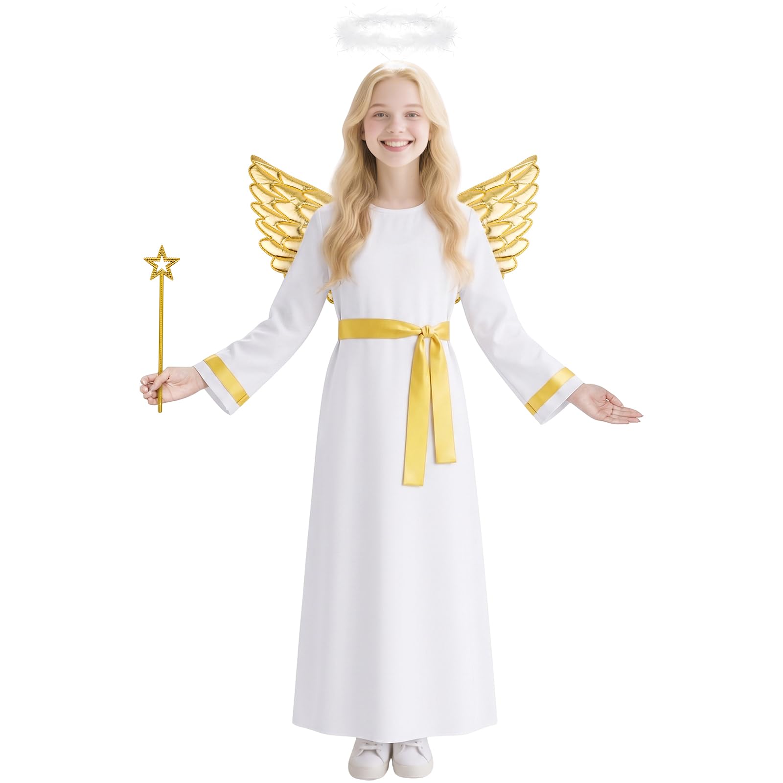 AYBUY Costumes Girls Angel, White Angel Dress with Wand Wings and Halo Girls Christening Dresses for Christmas, Nativity, Panto, Fancy Dress Costume, 120（Style C）