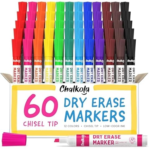 Chalkola Dry Erase Markers Bulk Pack of 60 (12 Vibrant Colors), Chisel Tip White Board Markers Dry Erase Pens - Whiteboard Markers for Kids, Home, Office Supplies, Back to School Supplies Cover