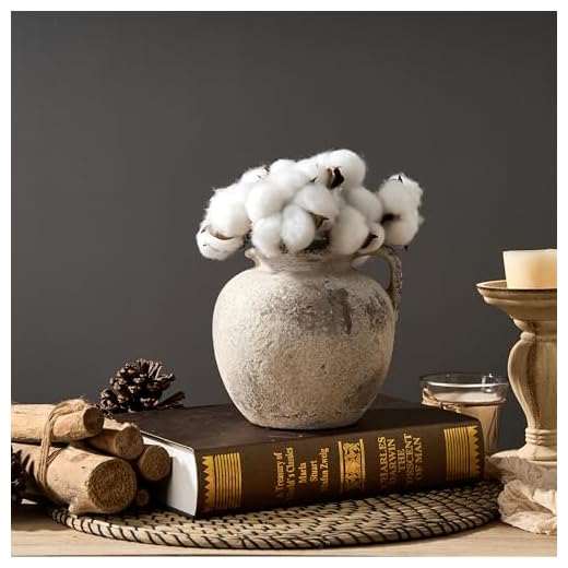 PORCER Antique Terracotta Vase with Handle, 5.6 Inch Farmhouse Ceramic Vase Boho Decor Decorative Vase, Rustic Vase for Home Decor, Living Room, Table, Wedding - Distressed Design, Gray