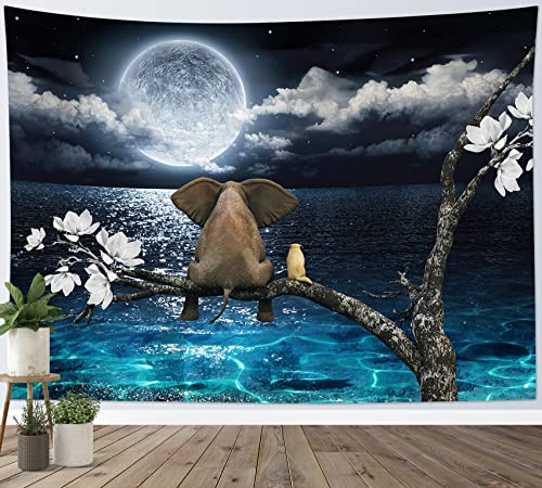 Eobtain Moon Ocean Tapestry Wall Hanging Teal Blue Sea Starry Night Sky White Cloud Funny Animals Elephant White Flowers Tree Aesthetic Tapestry For Bedroom Living Room Indie Decor,60Wx40H Inch #TOP12