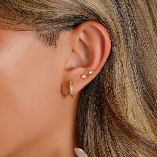 Bsoepnr 3 Pairs Gold Hoop Earrings Set for Multiple Piercings, 14K Gold Plated Dainty Stud Trendy Small Dangle Cartilage Huggie Hoop Earrings for Women4
