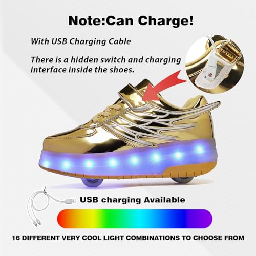 LED Roller Skate Shoes for Kids Boys Girls Light Up Roller Sneakers with Detachable Wheels Rechargeable Flashing Wheeled Shoes Gold2
