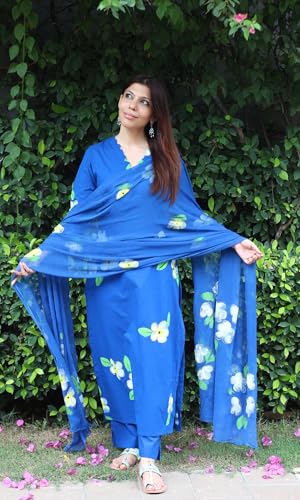 Image of GoSriKi Kurta Sets for Women Viscose Printed | Kurta Pant Dupatta Set | Straight Kurti Set for Women | N Neck Scalloped Kurta | 3 /4 Sleeve Ethnic Suit Set for Girls | Designer Indian Kurti