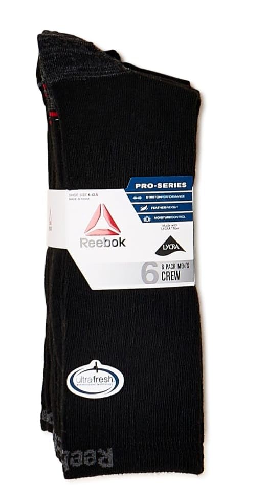 Reebok Men's Socks Pro-Series Crew Black (6 Pack) Size 6-12,5, Socks 10-13