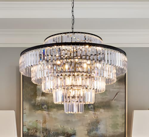 Wellmet Crystal Chandelier, 6-Tier Large Luxury Crystal Chandelier, 31'' Black Crystal Pendant...