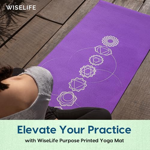 Image of WiseLife 7 chakra Printed 6MM Yoga Mat + Yoga Strap For Men, Women, Kids | Anti-Slip Extra thick, long & Wide Exercise Sports Mat for Workout, Fitness, Yoga, Gym, Home & Pilates (Purple-Chakra)