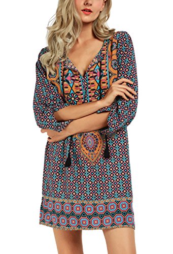 Image of Women Bohemian Neck Tie Vintage Printed Ethnic Style Summer Shift Dress