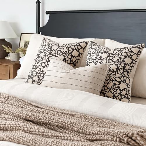Image of Foindtower Set of 2 Decorative Neutral Floral Throw Pillow Covers Accent Farmhouse Cushion Covers Boho Vintage Pillowcase for Couch Sofa Bedroom Living Room Home Decor24x24 Inch,Black