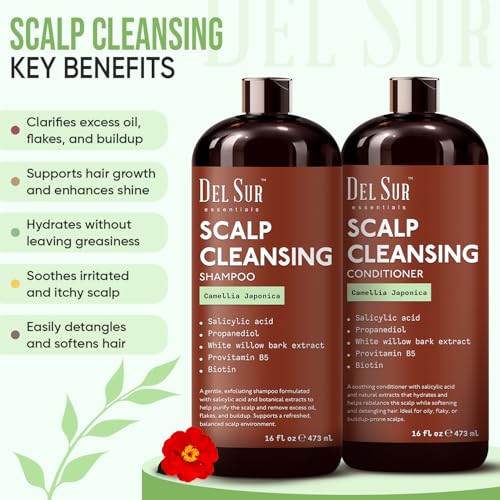 Image of DEL SUR Scalp Cleansing Shampoo and Conditioner Set | 16 fl oz Each | with Camellia Japonica, Salicylic Acid & Willow Bark | Clarifying Oil Control for Build Up & Oily Scalp