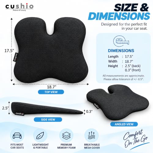 Image of CUSHIO Car Wedge Seat Cushion with Ergonomic Wedge Design, Car Seat Height Cushion for Long Drives, Relieves Hip Pain & Tailbone Pain, Coccyx Seat Cushion with Non-Slip Base (Black)