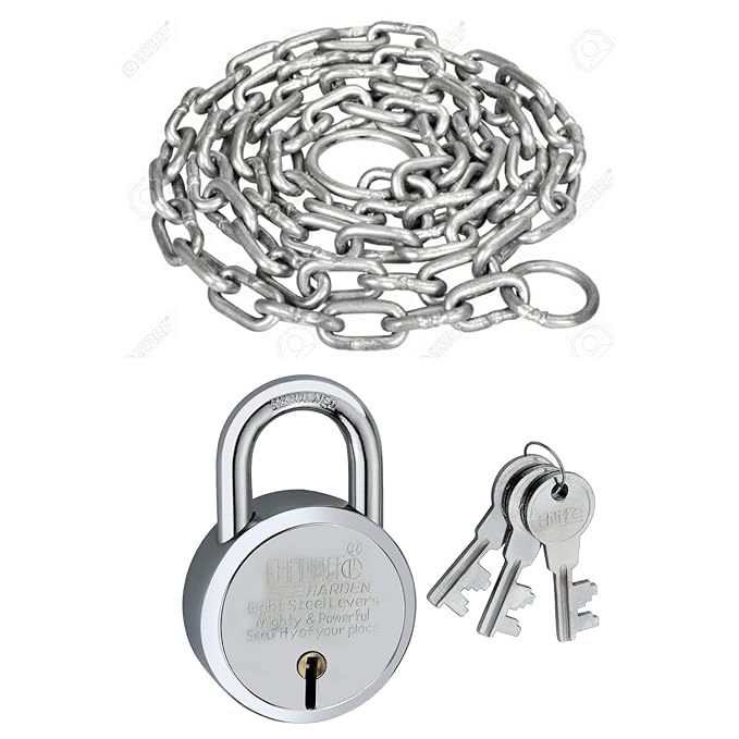50mm Padlock with 6 feet (5mm) Heavy Duty Metal Chain for Locking Multipurpose uses Like Bike, Bicycle, car, Luggage Bag, Channel gate etc (units-01). “Security ensured”.