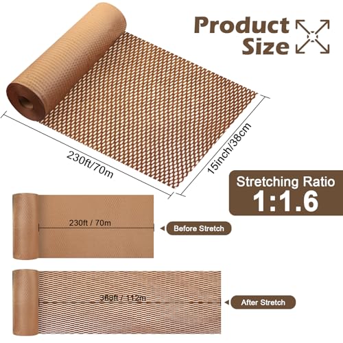 Wabenpapier Verpackungspapier Rolle 38cm x 70m, Braunes Verpackungsmaterial Verpacken Papier enthält 36 Aufkleber für zerbrechliche Gegenstände, Luftpolsterfolie Alternative für Polsterpapier