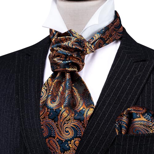 Image of Barry.Wang Ascot Ties Cravat Tie Men Paisley Plaid Scarf Self Tie Pocket Square Cufflinks Set Wedding Party