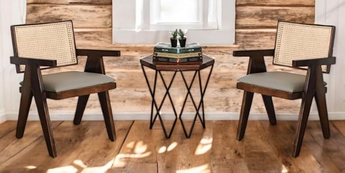 Image of Wooden Arm Chair with Cushion and Cane Back Support Chair || Wooden Armchair Furniture Garden Outdoor & Indoor Home & Office Chair Living Room Furniture || Dining Chair Set Off 2 || Walnut Finish