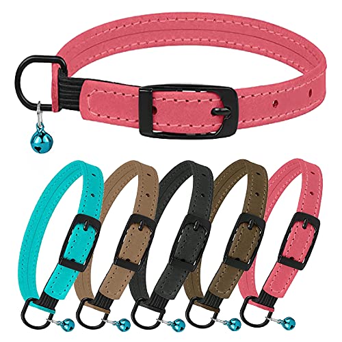 BRONZEDOG Breakaway Katzenhalsband mit Glöckchen, Leder, Sicherheits-Kätzchen-Halsbänder mit Gummiband, Rosa, Braun, Beige, Grau, Blau (Rosa) Cover