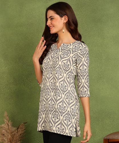 Image of DSK Studio Women's Cotton Short Kurti with Notch Neck Line 3 /4th Sleeves Floral Pattern Short Length and Regular Fit