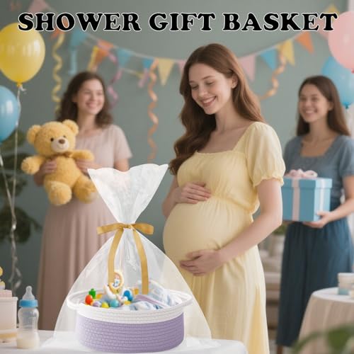 Image of Woven Rope Basket-Baby Gift Basket with Bag & Ribbon, White&Purple