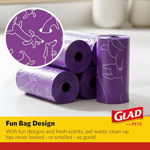 Image of Glad for Pets Scented Dog Waste Bags, Tear-Resistant Pet Poop Pick-up Bags with Leak Protection, Fresh Lavender Scent, Fun Purple Bag Designs, 6 Rolls, 90 Bags Total