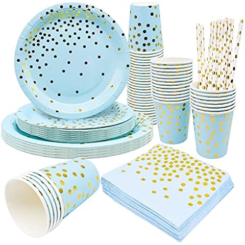 AMJKEJI 80Pcs Blue and Gold Party Tableware Set, 20 Guests Disposable Party Dinnerware Set, Includes Paper Plates Cups Napkins Straws for Boys Birthday Party, Baby Shower, Wedding, Bridal Shower Cover