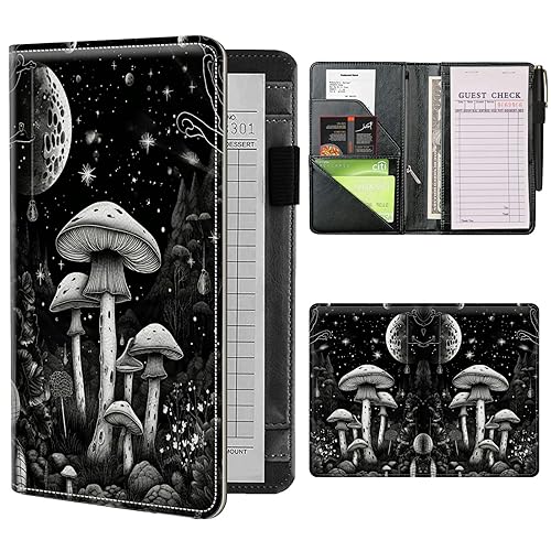 Server Books for Waitress Waiter with Zipper Pocket, Moonnight Mushroom Leather Server Pads (5