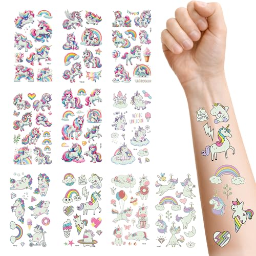Tatuaggi per Bambini, 10 Fogli Tatuaggi Temporanei Luminosi, Unicorno Trasferelli per Bambini, per Decorazioni di Compleanno Regalo, Accessori per Feste (Unicorno)