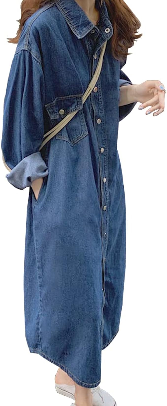 Amazon Co Jp Kumimoda デニム ワンピース シャツ ワンピース ロングワンピース レディース チュニック 無地 長袖 前開き ゆったり カジュアル 体型カバー 着痩せ ワンピ 秋冬 フリーサイズ 服 ファッション小物