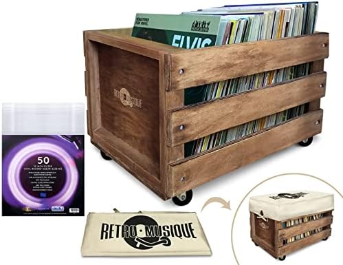 Retro musique Wooden 12 LP Vinyl Record Storage Crate on Wheels Holds up to 100 Albums (in PVC Sleeves) with Hessian Cloth Cover Includes 50 Vinyl Record Outer Sleeves (Oak Finish)