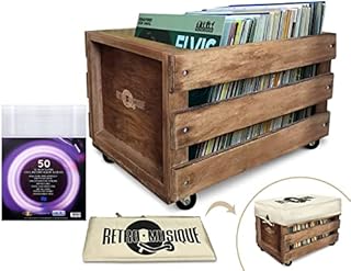 Retro musique Wooden 12 LP Vinyl Record Storage Crate on Wheels Holds up to 100 Albums (in PVC Sleeves) with Hessian Cloth Cover Includes 50 Vinyl Record Outer Sleeves (Oak Finish)