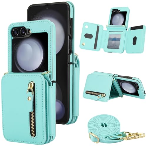 Étui portefeuille en cuir vert pour Samsung Z Flip 5, protection premium antichoc