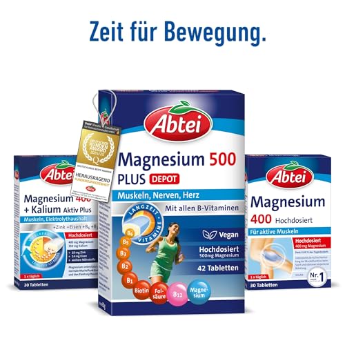 Abtei Magnesium 500 Plus Extra-Vital-Depot - hochdosiert - mit allen B-Vitaminen - für Muskeln, Nerven und Herz - Vegan - 42 Tabletten