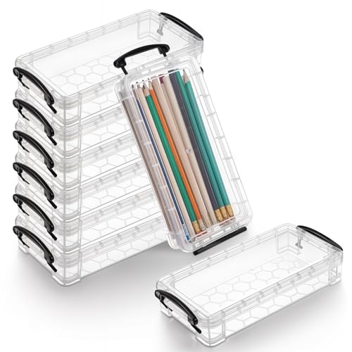 JOUTYFOR 8Pack Clear Pencil Box Plastic Storage Containers with Latching Lids Stackable Office Supplies Organizer for Gel Pens Erasers Crafts Markers Crayon