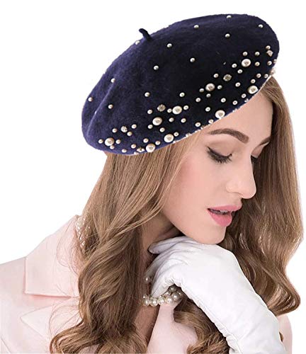 Womens Beret Hat for Winter, Wool French Beret Fashion Style Lightweight Casual Classic Solid Pearl Beanie Hats Berets Hat, Navy 1