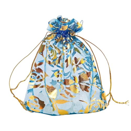 Image of 100 pcs 3.5 x 4.7 Inch Flower Heart Organza Jewelry Gift Pouch Candy Pouch Drawstring Wedding Favor Bags X92 (turquoise gold flower)