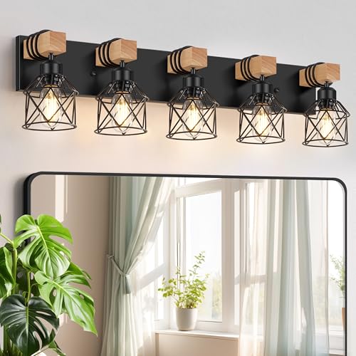 FadimiKoo 5-Light Wooden Black Bathroom Light Fixtures, Rustic...