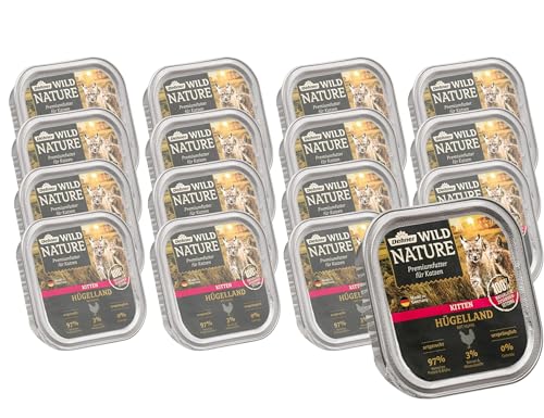 Dehner Wild Nature Katzenfutter Kitten Hügelland, Nassfutter getreidefrei / zuckerfrei, für junge Katzen, Huhn, 16 x 100 g Schale (1.6 kg)