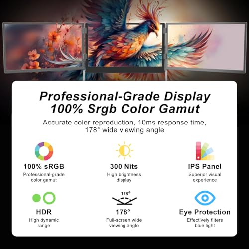 Image of 100% sRGB 1080P IPS Laptop Screen Extender Triple Monitor, 15.6 inch Foldable Portable Display for Laptop, Height Adjustable