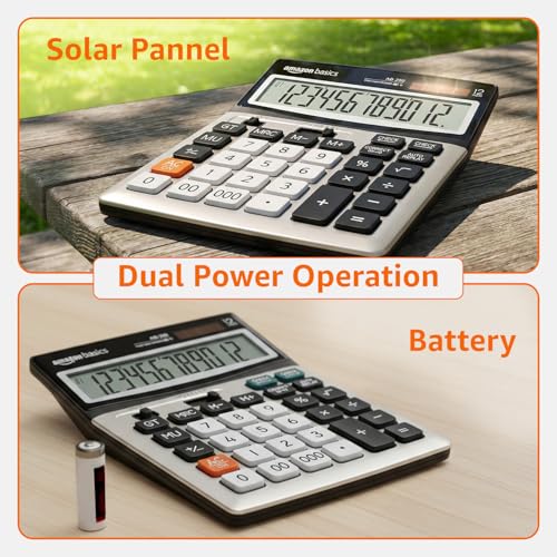 Image of Amazon Basics 12-Digit Desktop Calculator | 127mm Large Tilted LCD| 112-Step Check & Correct | Dual Power Solar & Battery | Anti-Scratch LCD | 000 & F-Cut Keys | Black