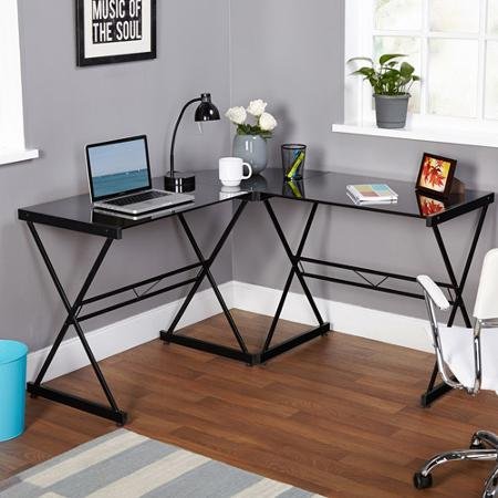 Atrium Metal and Glass L-Shaped Computer Desk, Multiple Colors (Black)