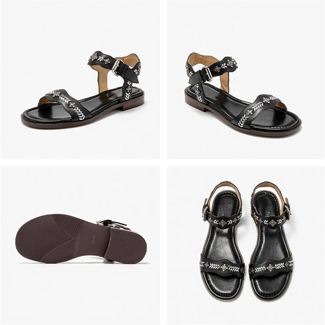 Sandalias de verano para mujer, con correa trasera, tacón redondo, con correa al tobillo, de piel de vaca auténtica, decoración de metal, sandalias casuales de verano